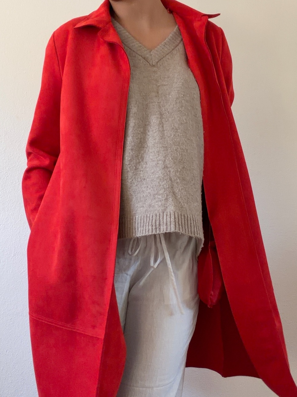 Red Long Coat - Classic Open Front Jacket